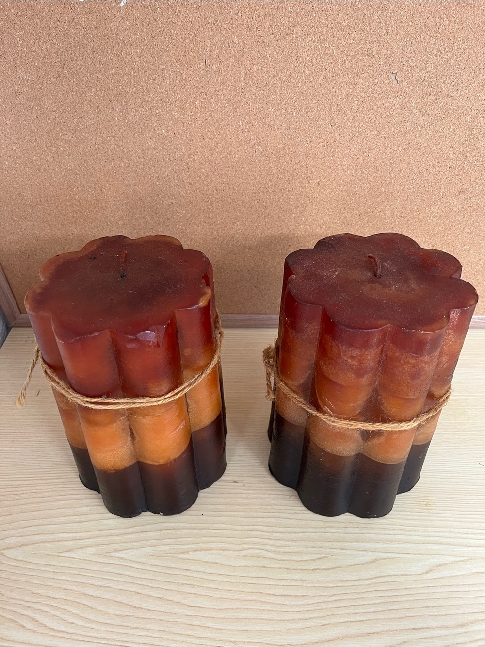 Pair of Unused Large Patchouli Scented Pillar Candles.